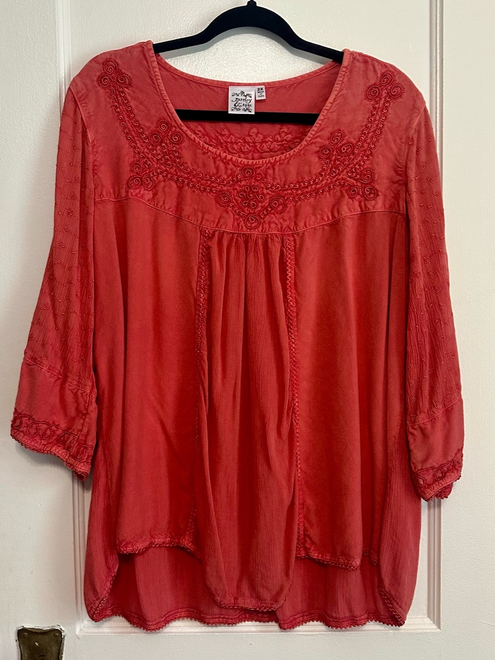 Parsley & Sage Coral Red Embroidered Boho Tunic (2X)